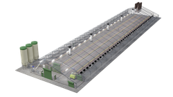 3D-Zeichnung eines Hähnchen-Musterstalls (Haltungsstufe 3)